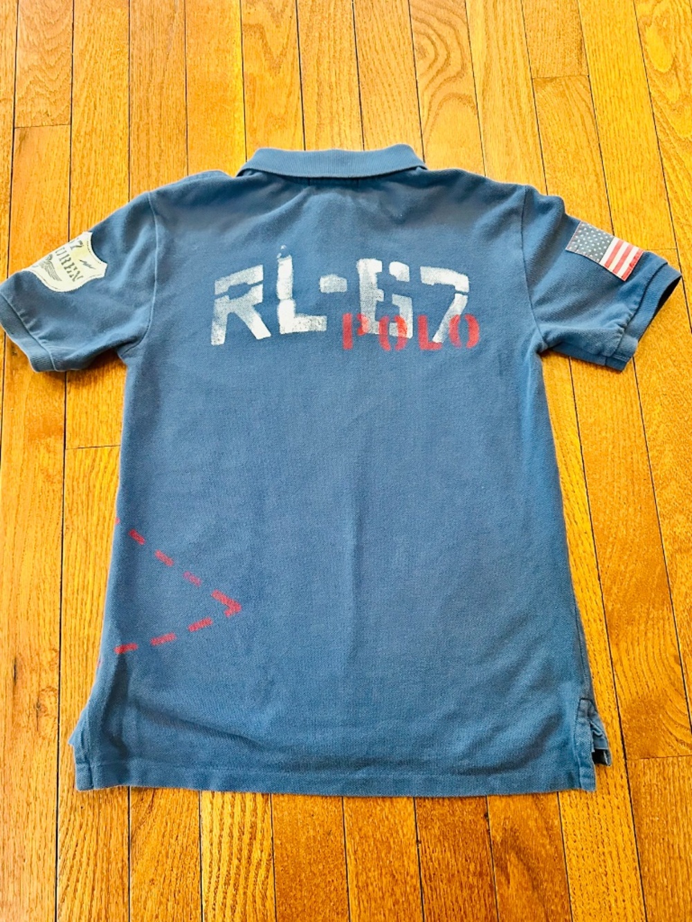 Polo Ralph Lauren Boys RL-67 Blue Polo Shirt Flag Patch Short Sleeve Size 8 - Picture 2 of 3